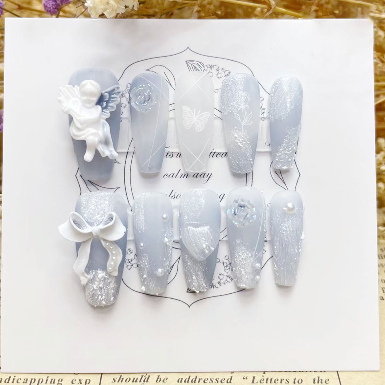 Pressed Flower Art - 3D Plaster Angel False Nails Glossy